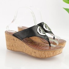 Sam Edelman Womens Ruth Sandals Size 8.5 Black Leather Thong Cork Wedge Platform