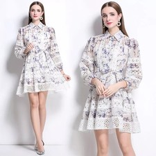 Abito Corto Floreale Beige Con Ricami Sangallo E Maniche Lunghe Elegante CF43053