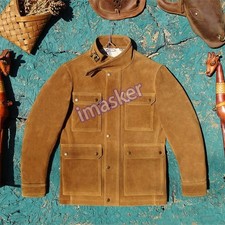 Mens American Real Suede Leather Hunting Coat Safari Jacket Trench Overcoats Zip