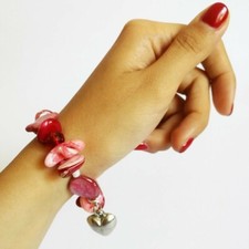 Bracciale braccialetto vere perle barocche rosa fucsia ciondolo cuore argentato