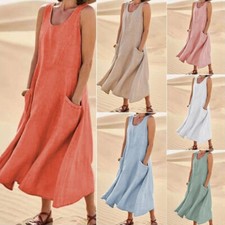 Abito Lungo Da Donna A Trapezio In Cotone E Lino Senza Maniche Canotta ☆