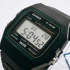 Orologio Casio Standard F-91W-3 Ragazzo Quarzo Quadrante Nero Verde Digitale Giappone F-91W-3D