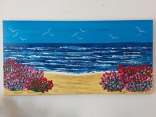 QUADRO PAESAGGIO MARE FIORI DIPINTO A MANO MATERICO 1 metro x50x4cm RIF286