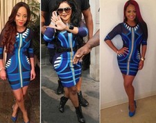 Mini Abito a cono aderente nudo Blue Tribal Patchwork Long Sleeves Bandage Dress