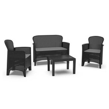 SET SALOTTO GIARDINO DIVANO 2 POLTRONE TAVOLINO CUSCINI EFFETTO RATTAN ANTRACITE