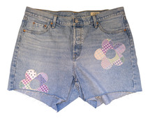 Pantaloncini donna Levis 501 originali colore blu chiaro patchwork floreale taglia 16 36"