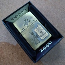 Accendino olio Marlboro Zippo cowboy 4 lati incisione metallo ottone dorato con scatola come nuovo