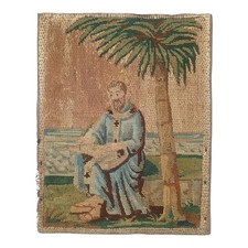 *HH* Antico Arazzo Ricamo Religioso Votivo Devozionale Santo Tela Sacra Dipinto