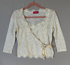 Top donna Soo Lee London twinset taglia S bordi smerlati pizzo avvolgente vintage doppio set