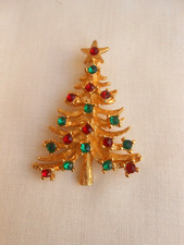 vintage PENDENTE ALBERO DI NATALE metallo dorato e strass