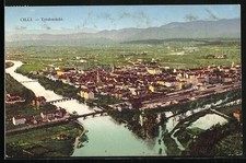 Cartolina Cilli, veduta totale con ponti e panorama montano dall'avifauna 