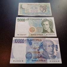 Vecchie Banconote Italiane 10 000 + 5000 + 500 Lire Repubblica Lotto A 68 