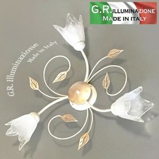 PLAFONIERA IN FERRO BATTUTO 3 LUCI AVORIO ARGENTO E ORO LAMPADARIO MURANO Zoe M.
