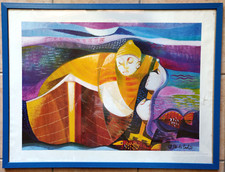 Serigrafia colori su tela pescatore numerata firmata di Carlo autentica IGI