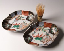 Vecchia coppia di piatti porcellana giapponese Imari Ware modello fenice epoca Meiji XIX secolo