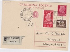 Intero Postale Regno rac 75 cent + Pergolesi. Usato per inviare ricevuta assegno