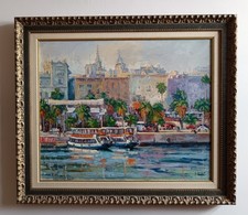 Scuola europea del XX° Secolo - Olio su tela - Paesaggio Turco con battelli