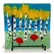 Decorazione vetro artistico colorato kitsch firmato Aspen Tree Cottage vintage piatto quadrato quercia