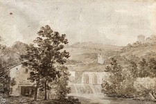 Disegno antico, Paesaggio con fiume, Lavato di inchiostro marrone, XIX secolo