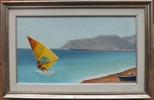 Dipinto ad olio riviera Ligure ponente Windsurf firmato Nino Vaccaro