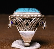 Anello figura gioielli campana turchese intarsiata argento cloisonne cinese antico 3 cm anelli
