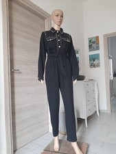Tuta Jumpsuit Jeans Denim Nera Con Cintura Borchie E Strass SHK PARIS TG L