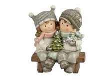 Decorativa Bambini Dell'Inverno Paio su Panchina H.24cm Pietra FORMANO W25