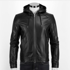 Felpa con cappuccio da uomo in pelle di agnello nera di lusso - giacca in vera pelle morbida fatta a mano