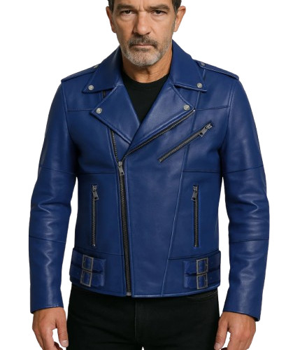 Giacca pelle bicolore blu - in,