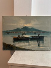 Dipinto olio su tela marina con barche e veduta del Vesuvio – firmato M. Galanti