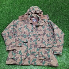 Giacca parka mimetica con cappuccio Woolrich Duck Hunter vintage anni 80 uomo XL isolato USA