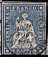 94991eC - SVIZZERA - FRANCOBOLLO - Zumstein # 23 filo verde / carta spessa USATO