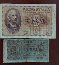 Lotto: 1 Lira Vitt. Em. III 1914 - 5 Lire Impero 1940
