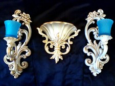 COPPIA APPLIQUE VINTAGE E TASCA DA PARETE ORO BLU VETRO VOTIVO PARETE PORTACANDELE MCM