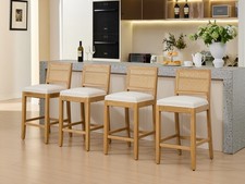 Set of 4 27.9" H Linen Fabric Barstools Solid Wood Rattan-Back Bar Chairs Beige
