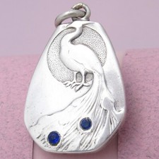 Ciondolo antico Art Nouveau pavone pasta blu argento sterling 
