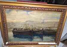 Dipinto Ad Olio Su Tavola Antico .marina Con Barche