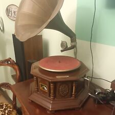 GRAMMOFONO ANTICO IN LEGNO A TROMBA IN OTTONE His Master's Voice D'epoca Vintage