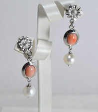 ORECCHINI ARGENTO 925 CABOCHON CORALLO ROSA PERLE D'ACQUA DOLCE        AGHT 0935