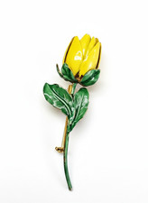 Spilla floreale vintage SANDOR Co. anni ’50, smalto giallo/verde, metallo dorato