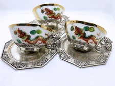 Antiche tazze vietnamite (3) montatura e piattini argento 900 porcellana cinese