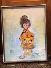 Dipinto olio originale metà secolo moderno anni '60 Helyn Mann NYC 19" LADY SHOPPING