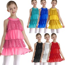 Kids Girls Sequins Halloween Dress Tutu Ruffled Performance Latin Tango Dance