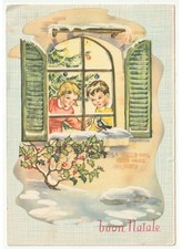 1958 cartolina vintage Buon Natale bambini neve uccelli davanzale agrifoglio
