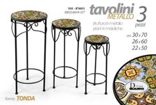 3 TAVOLINI COMODINO COLONNE PORTA PIANTA METALLO NERO PIANO MAIOLIC 70-60-50 cm
