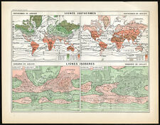Stampa antica-ISOTERMICA-ISOBARICA-LINEE-METEO-GENNAIO-LUGLIO-Larousse-1897