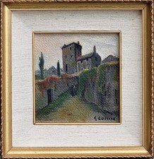 Giovanni Colmo ( Torino  1867 - 1947 ). Vicolo di paese,   olio su cartone      