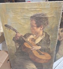 Dipinto Ad Olio Su Tela  Antico. Ragazzo Che Suona La Chitarra 