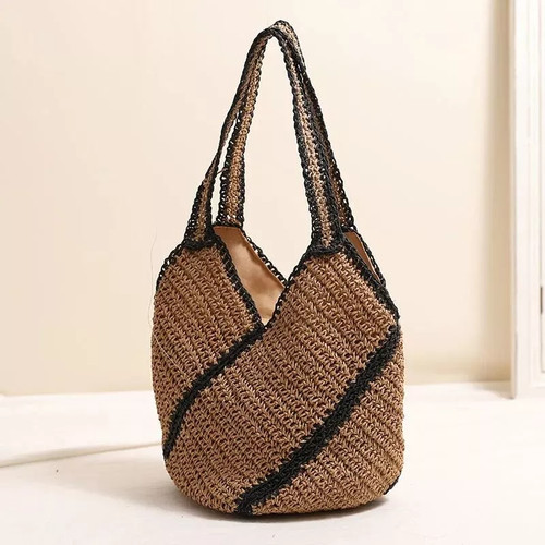 Borsa paglia beige nero - nero, donna