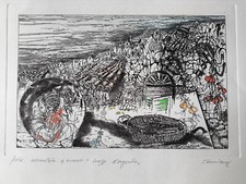 Incisione acquarellata di Michele Damiani "Nozze d'Argento"